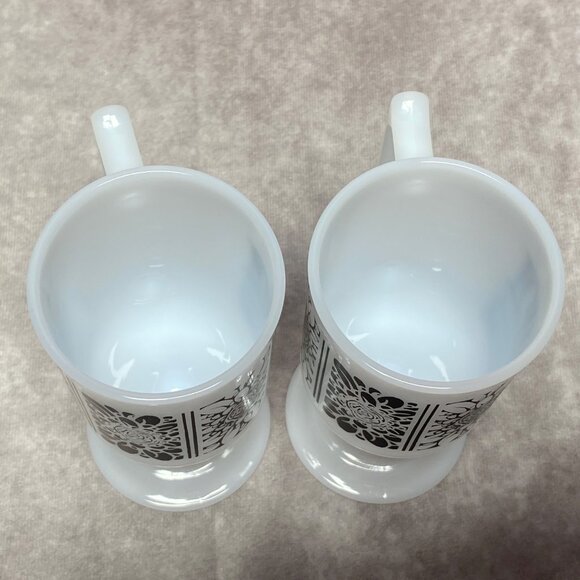 2 Vintage Milk Glass "Hot Buttered Rum" Pedestal Mugs With Black Floral Design - Picture 6 of 9